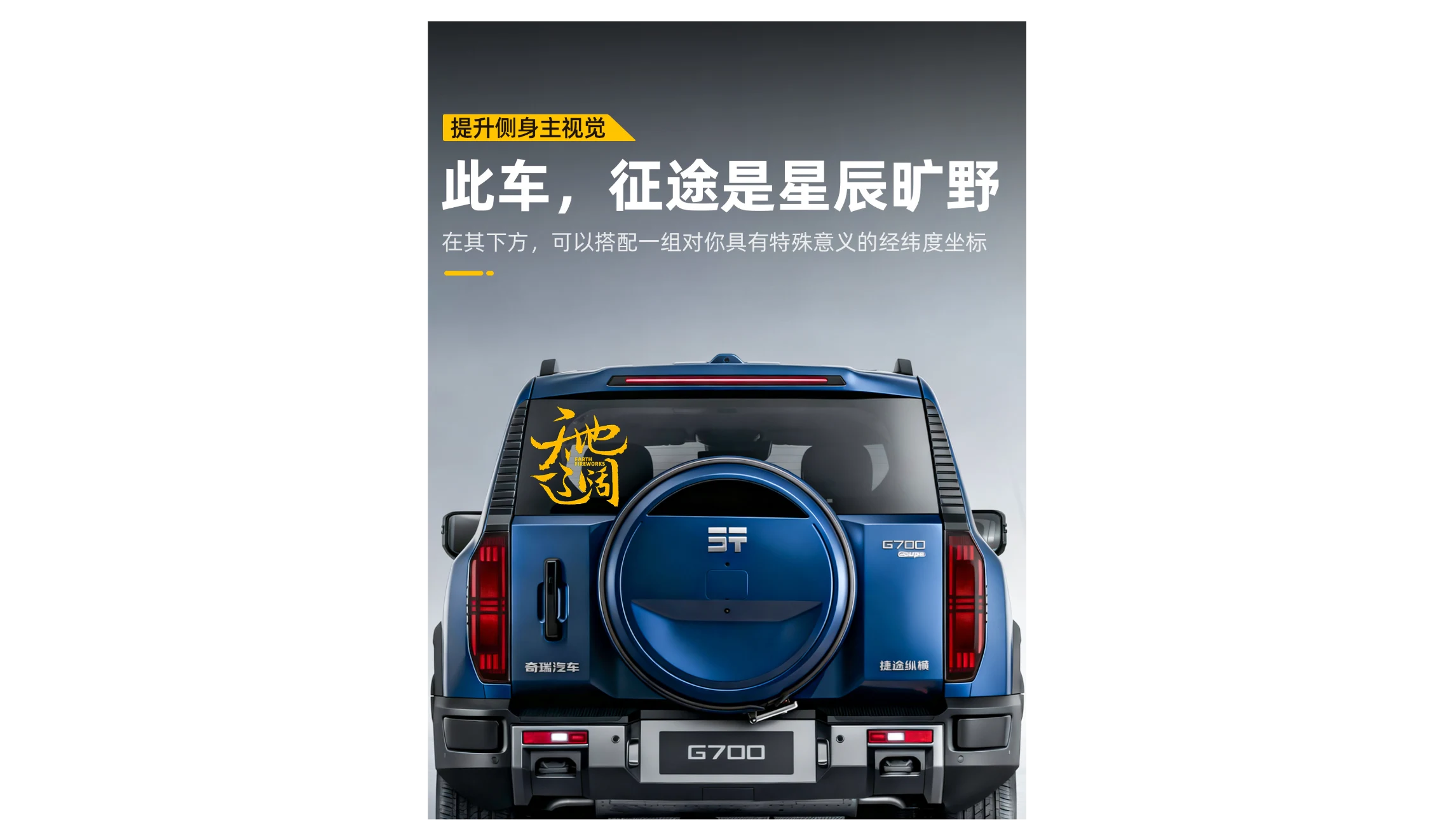 Chinese-language vehicle product graphic showing a blue SUV and promotional copy