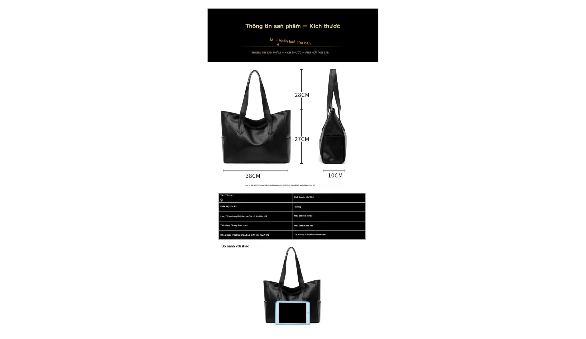 Vietnamese bag dimensions graphic with the same measurements and translated specification table
