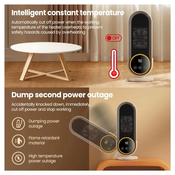 English heater infographic containing temperature and power-interruption safety copy