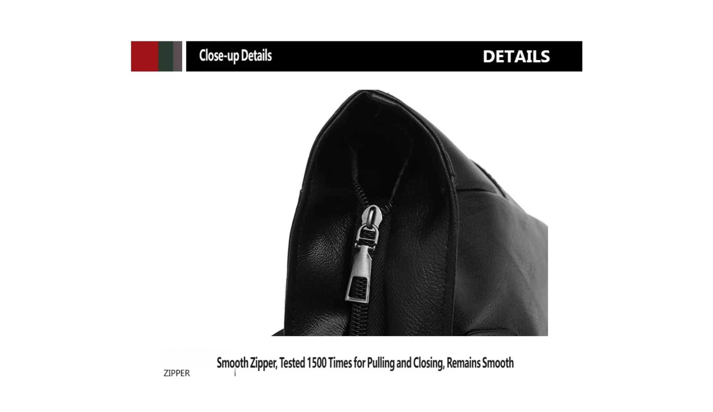English product-detail image of a bag zipper with a durability claim
