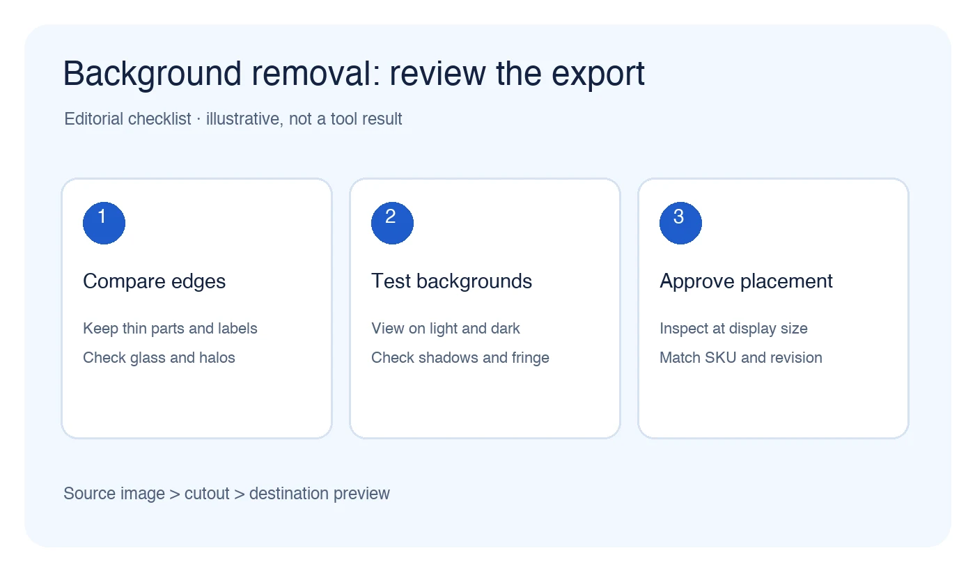 Illustrative checklist: compare thin edges, test the cutout on light and dark backgrounds, and approve it at the destination size.