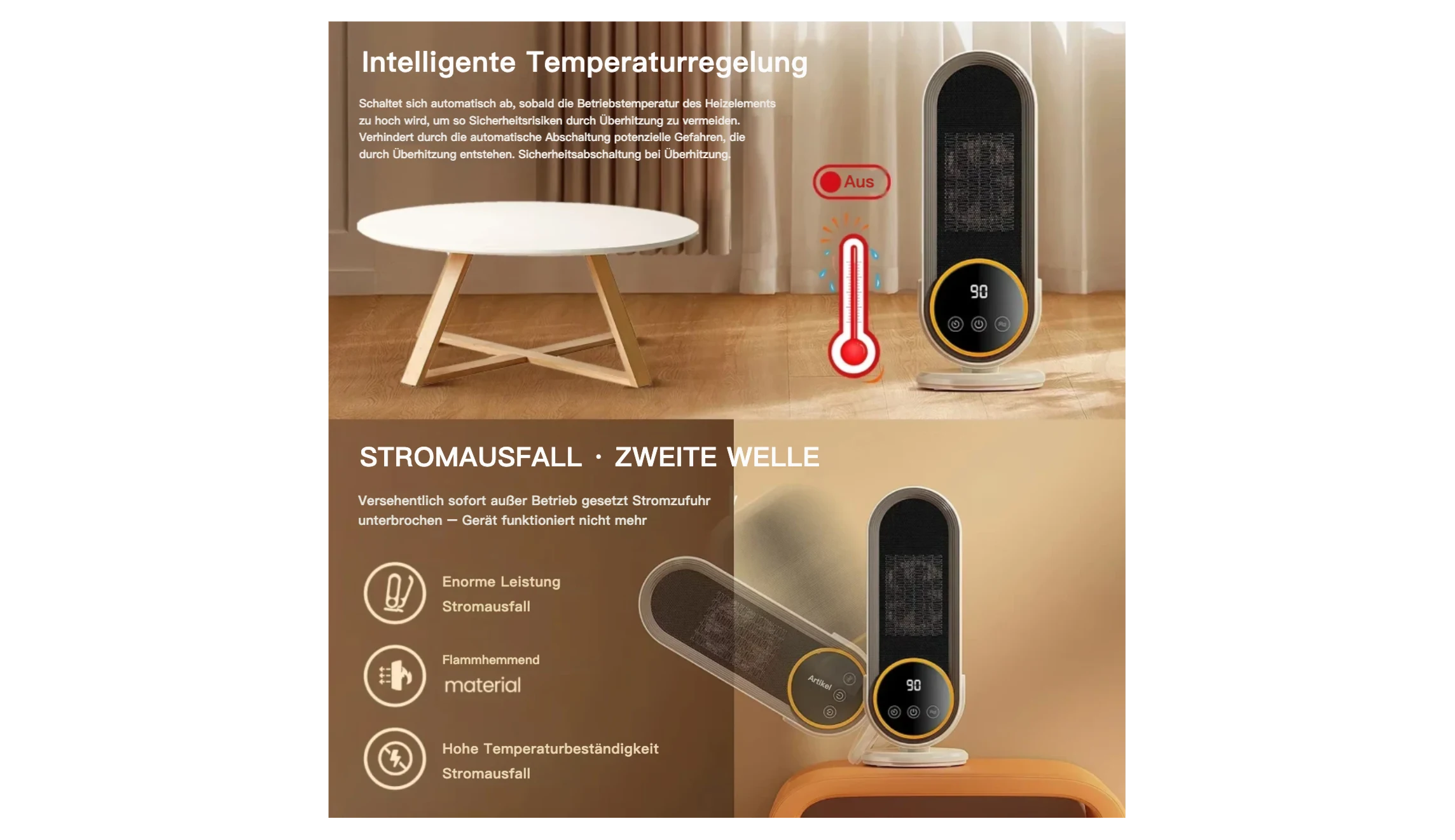 German-language heater infographic with text that requires manual language and safety-claim review