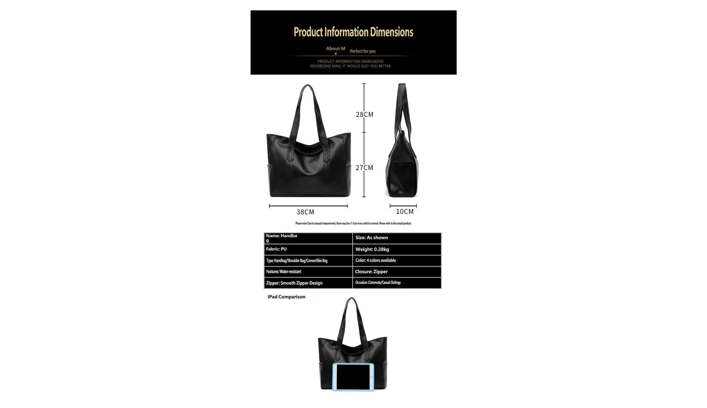 English bag dimensions graphic with measurements and a dense specification table